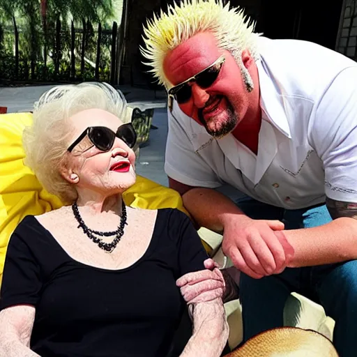 Prompt: betty white sunbathing with guy fieri