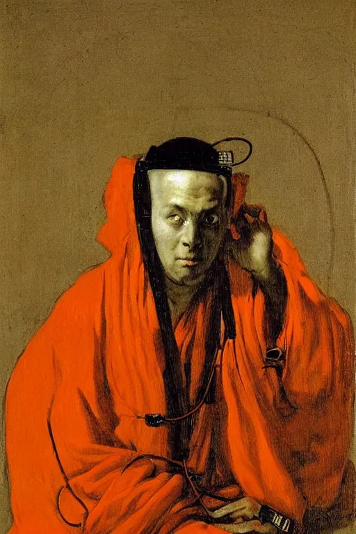 Prompt: portrait of a techno monk in orange robes with wires and circuit boards coming out of his face by francisco goya