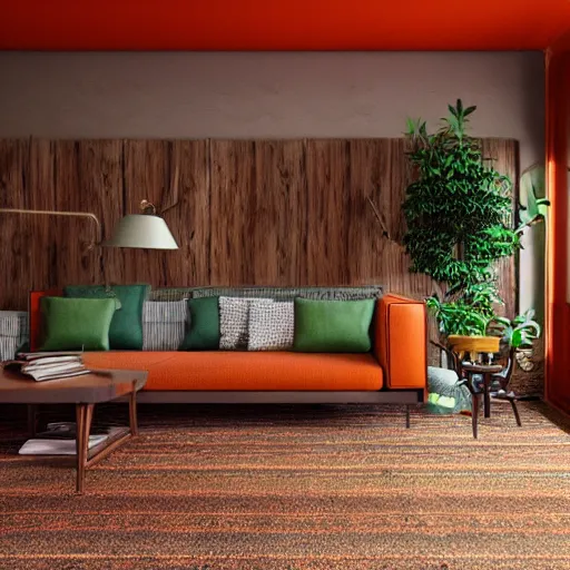 Prompt: 1 9 7 0 s interior, living room, retro, vintage, architecture, wood panel walls, green shaggy carpet, orange and brown touches, realistic, natural lighting