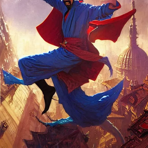 Image similar to the third first image on the scattered absurdity server, dr strange and dr seuss, portal hopping and time warping with reckless abandon, highly detailed painting by gaston bussiere, craig mullins, j. c. leyendecker