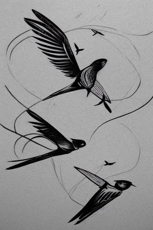 Prompt: a simple tattoo design of swallows flying into lines and basic shapes, black ink, abstract logo, line art