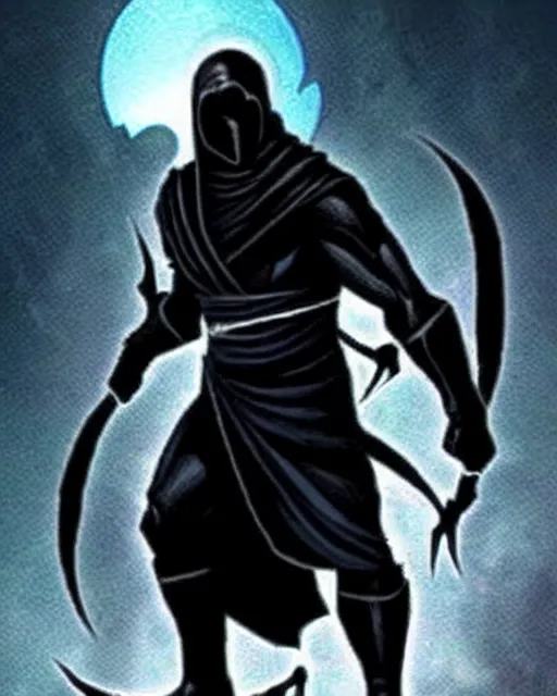 Prompt: noob saibot is a dark character who was once human. he was killed and resurrected as a wraith - like creature who now serves the netherrealm. he is a powerful fighter with deadly ninja skills. cyberpunk dark ninja