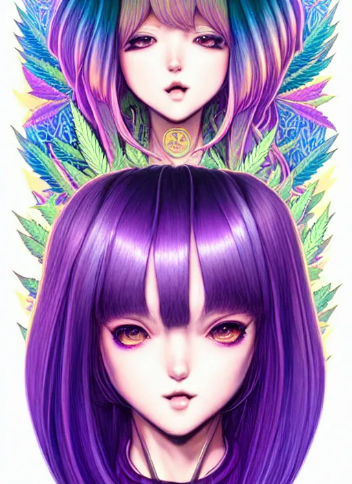 Prompt: richly detailed colored pencil 3 d illustration woman silky straight purple hair with iridescence wearing marijuana logo tshirt and short shorts, she staring at the camera happily art by range murata and artgerm.