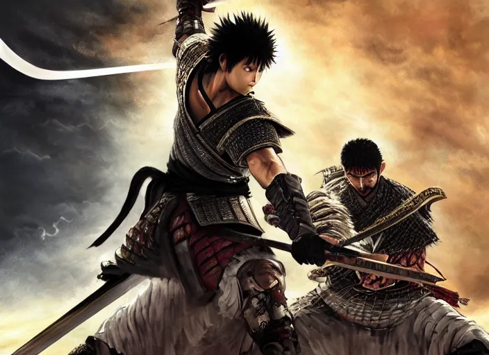 Prompt: a samurai clashes swords with an arabic god creature, digital painting masterpiece, advanced lighting technology, hyperrealistic intense cinematic detail, beautiful, gorgeous, intricate brush strokes, 4 k wallpaper, inspired by sword of the berserk