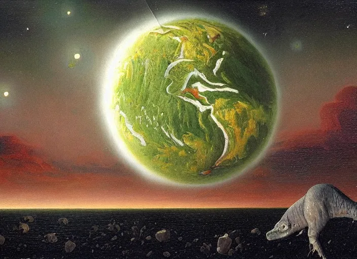 Image similar to earth during the cretaceous – paleogene extinction event, just as the asteroid is colliding with earth, the asteroid later forms the chicxulub crater, in the style of hudson river school of art, oil on canvas