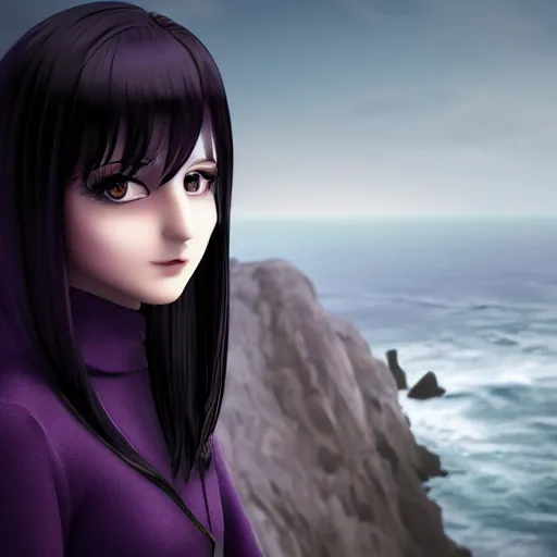 Image similar to 1 7 - year - old pale - skinned persian girl with black long bob cut, black gothic jacket, purple eyes, psychic girl, standing on cliff along the irish coast, overcast gray skies, anime, anime hd, octane render