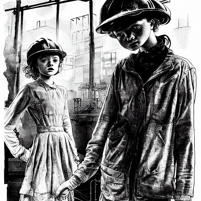 Image similar to sadie sink in dirty workmen clothes waves goodbye to workmen. background : factory, dirty, polluted. technique : black and white pencil and ink. by gabriel hardman, joe alves, chris bonura. cinematic atmosphere, detailed and intricate, perfect anatomy