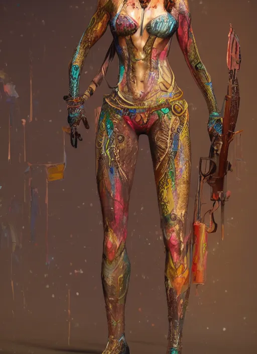 Image similar to detailed full body concept art illustration colorful oil painting of a beautiful 3d render of a female huntress in full intricate clothing, ultra detailed, digital art, octane render, 4K, dystopian, micro details, hyper realistic