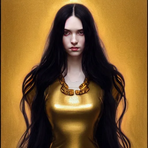 Prompt: Portrait of a beautiful pale skin Eastern European female with long black hair, dark eyes, elegant clothing, photorealistic, highly detailed, artstation, smooth, sharp focus, gold ornaments, neon lighting, sci-fi, art by Klimt, artgerm, Greg Rutkowski and Alphonse Mucha