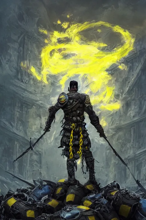 Image similar to a distant shot from behind of a Ukrainian super soldier with blue and yellow flag behind him standing alone on a huge pile of skulls as a winner, masculine muscular figure, D&D, fantasy, intricate, elegant, highly detailed, extremely detailed, digital painting, artstation, concept art, matte, sharp focus, symmetrical, hyperrealistic, illustration, art by Artgerm and Greg Rutkowski and Alphonse Mucha