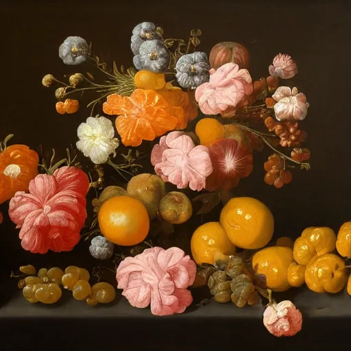 Prompt: a painting of flowers and fruit on a black background, a flemish baroque by jan davidsz. de heem, shutterstock contest winner, baroque, flemish baroque, dutch golden age, rococo