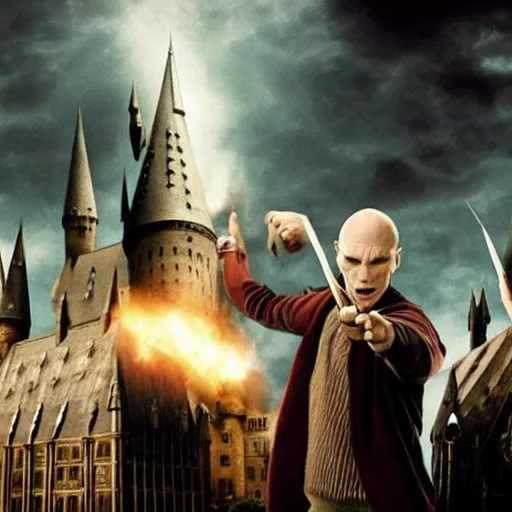 Image similar to The photo of Harry Potter teaming up with the Voldemort and attacking Hogwarts. Movie scene, dark scene.