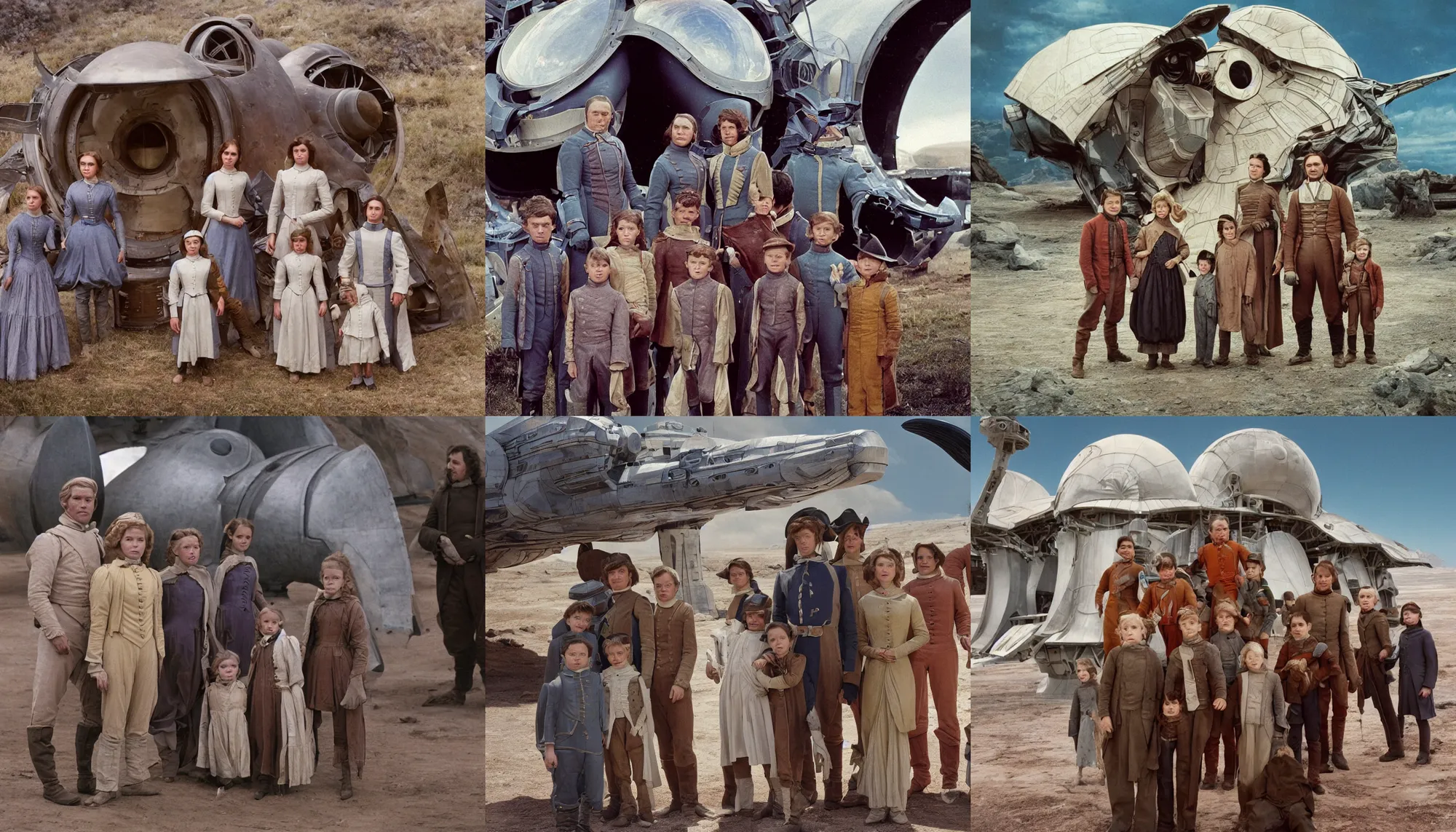 Prompt: highly detailed, 256435456k film, 806400mm film still from a sci fi blockbuster color movie made in 2019, set in 1860, of a family standing in front of a spaceship that has just landed on an alien planet, the family are all wearing 1860s era clothes, good lighting, good photography, ultra high definition