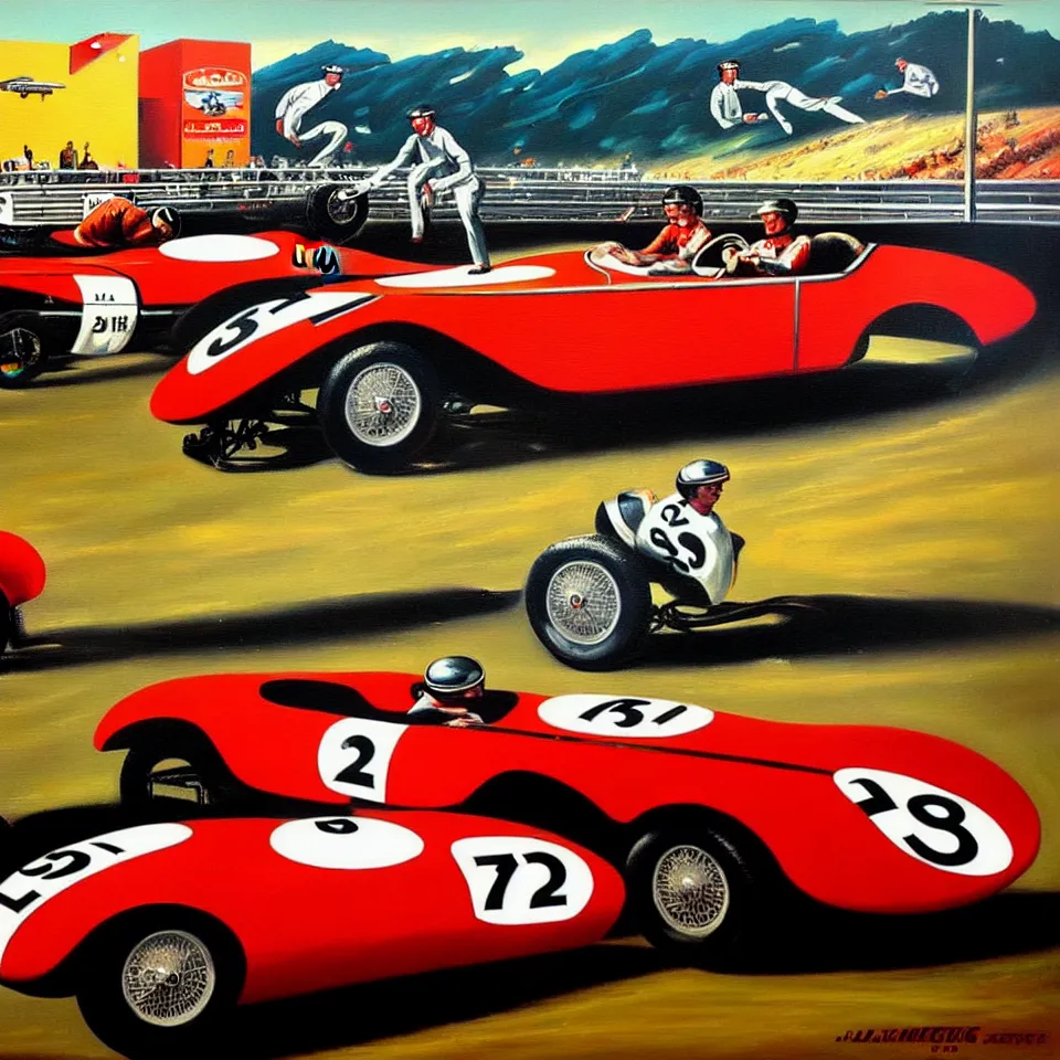 Image similar to a oil painting of a vintage car racing poster