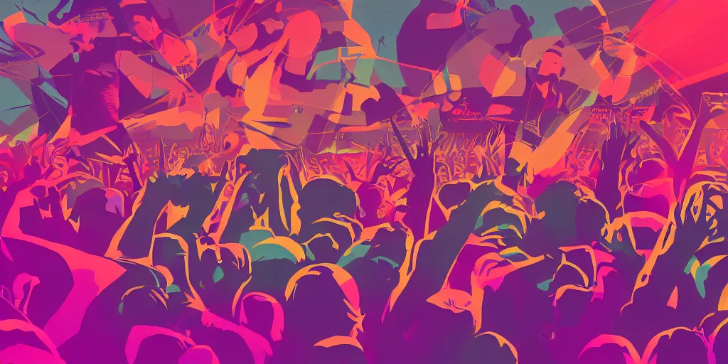 Image similar to rapping into microphone, silhouette, huge crowd, outrun, psychedelic hip hop, simple shapes, trending on Artstation, professional artist, detailed, 4k