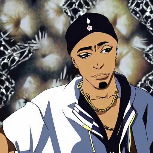 Image similar to Tupac Shakur, screenshot from a 2012s anime