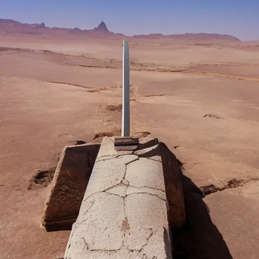 Image similar to A mythical sword floating above an obelisk in ancient ruins in the dessert