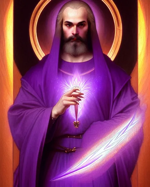 Image similar to portrait of saint germain, he is holding the violet purple indigo flame, completely violet colored, intricate, elegant, highly detailed, digital painting, artstation, concept art, smooth, sharp focus, illustration, art by artgerm and greg rutkowski and fra angelico and alphons mucha