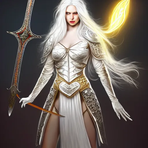 Image similar to full body painting of a woman with flowing luscious glowing white hair standing whilst holding a sword, wearing intricate plate - armor and leather underneath. intricate, elegant, highly detailed, digital painting, artstation, concept art, smooth, sharp focus, illustration, by terry wei, qiu fang, tooth wu, kan liu, siwoo kim, jisu choe