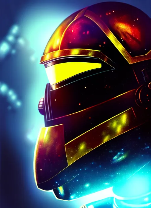 Image similar to Robot Suit, Samus Aran, Space Background, Bust, Concept Art, Helmet, Dredd, Karl Urban, Sylvester Stallone, Profile, High Detail, 2D art, Artstation, Neon lights, Sci-fi, Space suit, Luis Nieves Sr, Makoto Kano, Metroid
