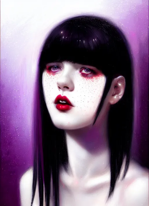 Image similar to portrait of teenage girl, red irises, red eyes, black hair, white bangs, purple lipstick, white bangs, bangs, black hair and white bangs, intricate, elegant, glowing lights, highly detailed, digital painting, artstation, concept art, smooth, sharp focus, illustration, art by wlop, mars ravelo and greg rutkowski