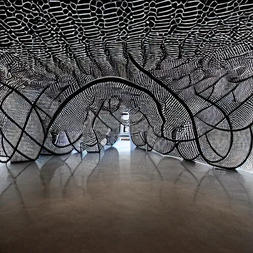 Prompt: : black and white maze pattern art installation in museum