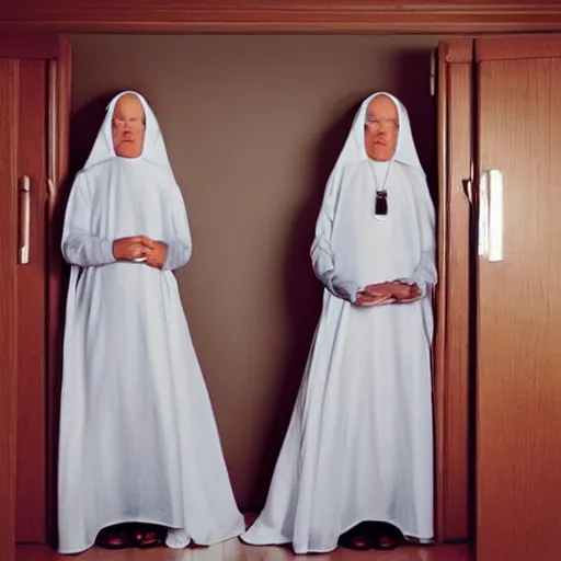 Image similar to award winning photo,two Hovering twin nuns, in a bedroom hovering off the ground, wearing pointed hoods, buxom chested, blindfolded, wearing translucent veils, see through dress, Very long arms, bedroom, wood door, eerie, frightening, highly detailed, photorealistic, colorized —width 1024 —height 1024