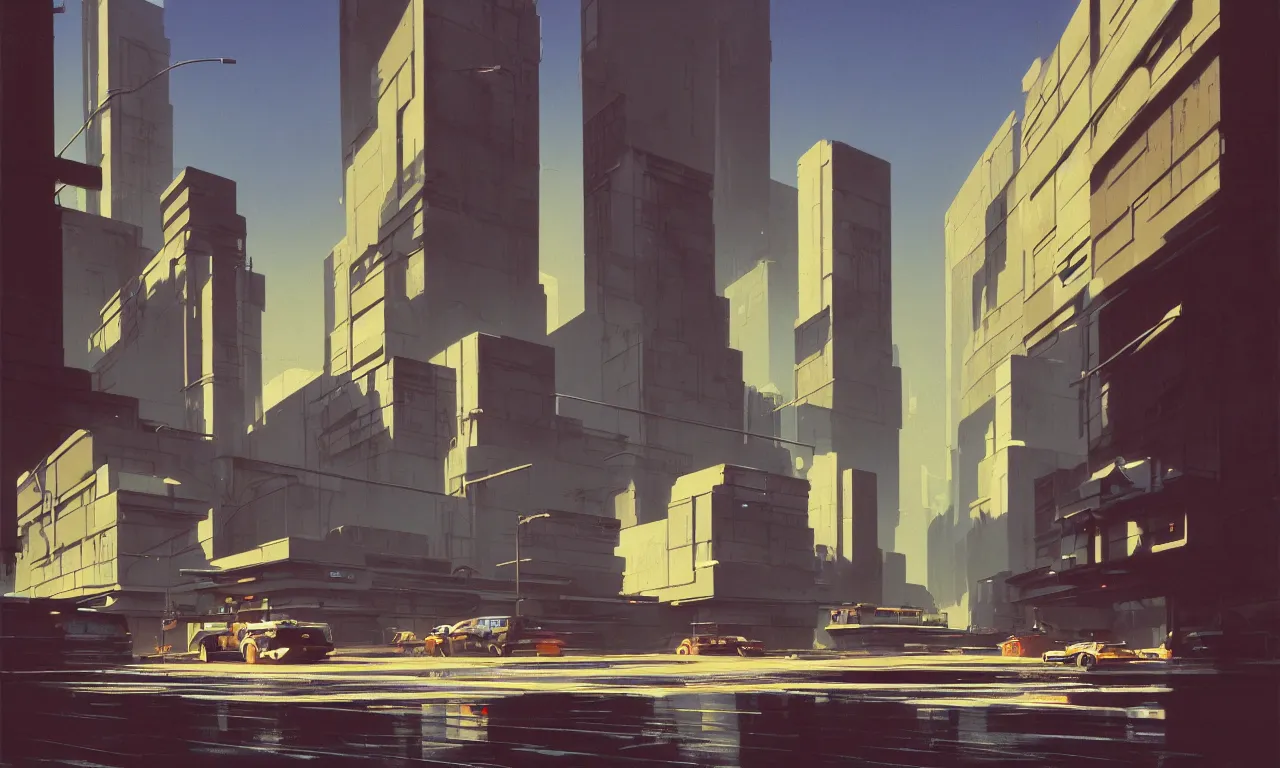 Image similar to streetscape, brutalist buildings, metal, concrete, wet streets, neon lights, neon signs, vehicles, pedestrians, syd mead, ralph mcquarrie, doug chiang, concept art, matte painting, finely detailed, minimal artifacts, rule of thirds, dynamic lighting, cinematic, denoised, centered, artstation