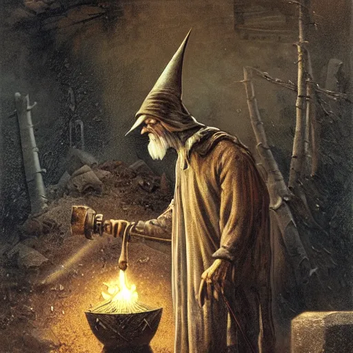 Image similar to gediminas pranckevicius the evil ian mckellen smithing on an anvil as gandalf in a dark viking hood playing odin all father crafting a neural network with golden synapses on an anvil with fire, highly detailed, cinematic shot, cinematic lighting, 8 k, exquisit facial detail, colored painting by gustave dore.