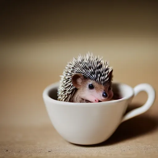 Prompt: baby hedgehog in a teacup, photography, bokeh, sigma 5 0 mm f / 1. 4, minimalistic, 8 k