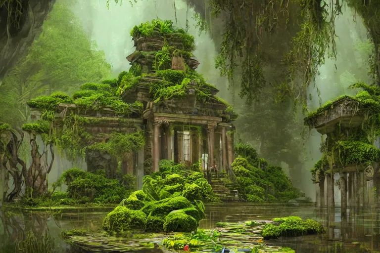 Image similar to A flooded stone temple, with a path, tall ceiling, overgrown with weeds, lush plants, colorful flowers, rich and green vines hanging from the tall ceiling, verdant bushes, mossy, dimly lit by natural sunlight, detailed, digital art, trending on Artstation, immaculate scale, cinematic lighting