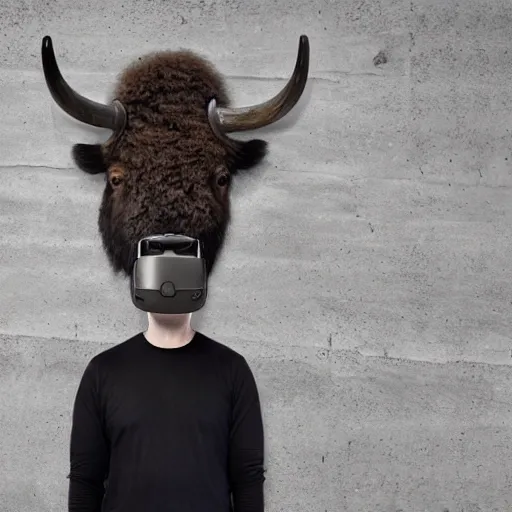 Image similar to hunting trophy in the form of a bison, head dressed in oculus vr, nailed to the wall,