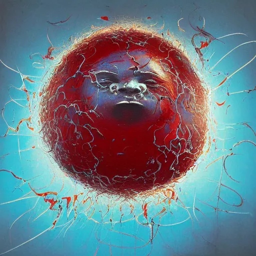 Image similar to a sphere being devoured by abstract splatters of white paint in the style of francis bacon, face being engulfed in flames in the style of james jean, surreal, beksinski, high detailed