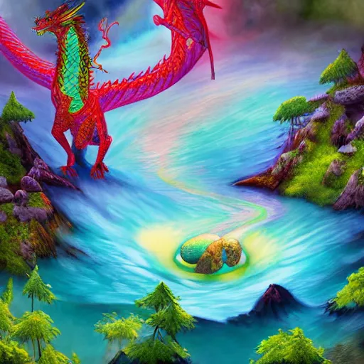 Prompt: highly detailed photograph of a dragon in a colorful hotspring with forest backdrop, featured on artstation