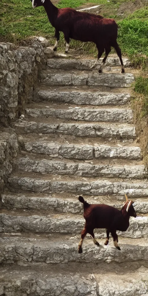 Prompt: goat climbing circular stairs