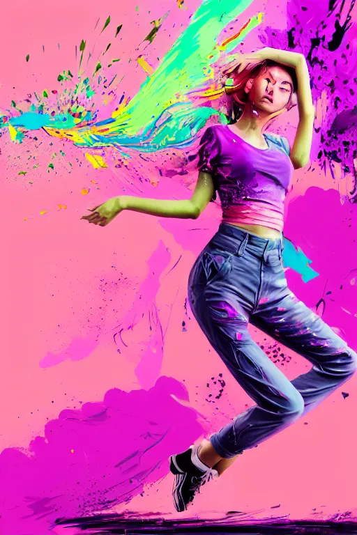 Image similar to a award winning half body porttrait of a beautiful woman in a croptop and cargo pants with ombre purple pink teal hairstyle with head in motion and hair flying, paint splashes, splatter, outrun, vaporware, shaded flat illustration, digital art, trending on artstation, highly detailed, fine detail, intricate