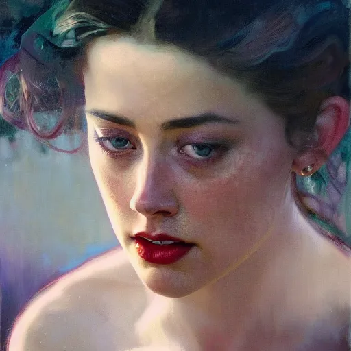 Image similar to hyperrealist portrait of a woman as amber heard staring down on a magical bowl of water. by jeremy mann and alphonse mucha, fantasy art, photo realistic, dynamic lighting, artstation, poster, volumetric lighting, very detailed faces, 4 k, award winning