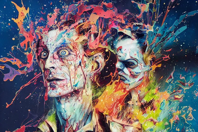 Image similar to a splattered action painting showing aladdin sane, ultradetailed, fine art painting, peter mohrbacher, moebius, aladdin sane, frottage, watercolor, acrylic, multilayered paint, spectacular splatter explosion, psychedelic art