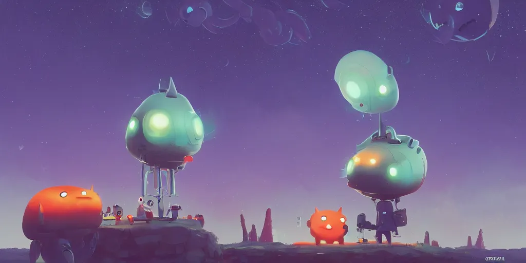 Image similar to cute monsters and starry sky night by Goro Fujita and Simon Stalenhag , 8k, trending on artstation, hyper detailed, cinematic