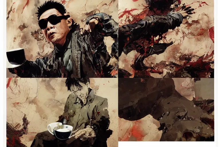 Prompt: first person GoPro footage page of tetsuo having a nice cup of tea, by Katsuhiro Otomo, Phil hale, Ashley wood, Ilya repin, frank frazetta, 8k, hd, high resolution print