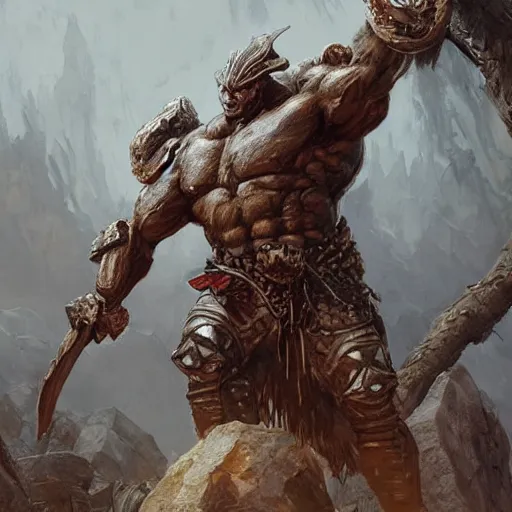 Image similar to muscular ogre - like fierce warrior with tree - bark skin wearing intricate stone and wood armor, towering above a group of soldiers, battlefield, highly detailed, digital painting, artstation, concept art, smooth, sharp focus, illustration, art by artgerm and greg rutkowski and alphonse mucha