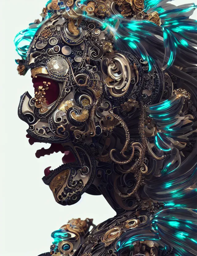 Image similar to 3 d goddess cyborg close - up profile portrait with ram skull. beautiful intricately detailed japanese crow kitsune mask and clasical japanese kimono. betta fish, jellyfish phoenix, bio luminescent, plasma, ice, water, wind, creature, artwork by tooth wu and wlop and beeple and greg rutkowski