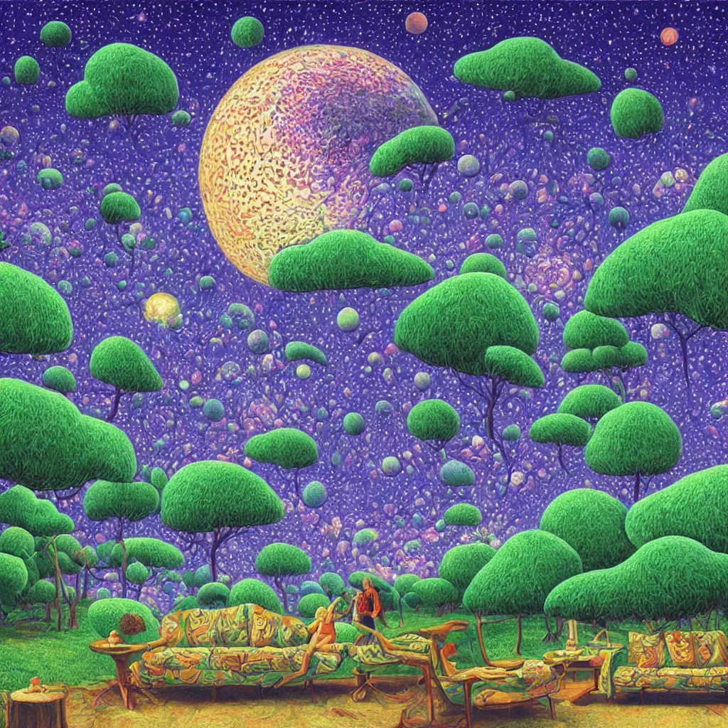 Prompt: psychedelic trippy couch pine forest planets milky way sofa cartoon by rob gonsalves