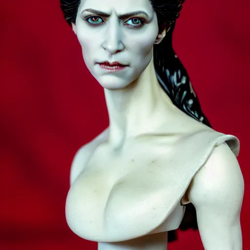 Image similar to photo taken of an epic intricate, ultra detailed, super realistic bust of a majestic gracious regal aristocratic brunette female vampire created by weta workshop, menacing, some zoomed in shots, photorealistic, sharp focus, white wall, extremely cold blueish colour temperature, 3 5 mm, f 1. 4, golden ratio