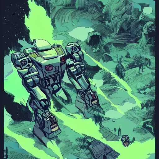 Prompt: mecha moving away from the spacecraft, green forest, smoke, smoth, in the graphic style of Patrick Gleason and Matt James, detailed art, trending on Artstation, sharp focus, Beautiful comic art