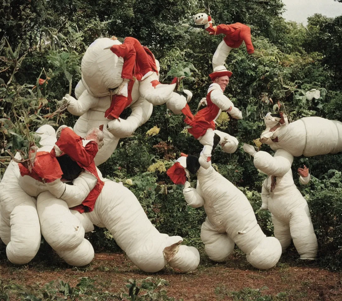 Image similar to a 3 5 mm photography, kodachrome colour, of grandpa fighting with white michelin man costume, riding a hippo, strange creatures and alien plants around, photos taken by martin parr