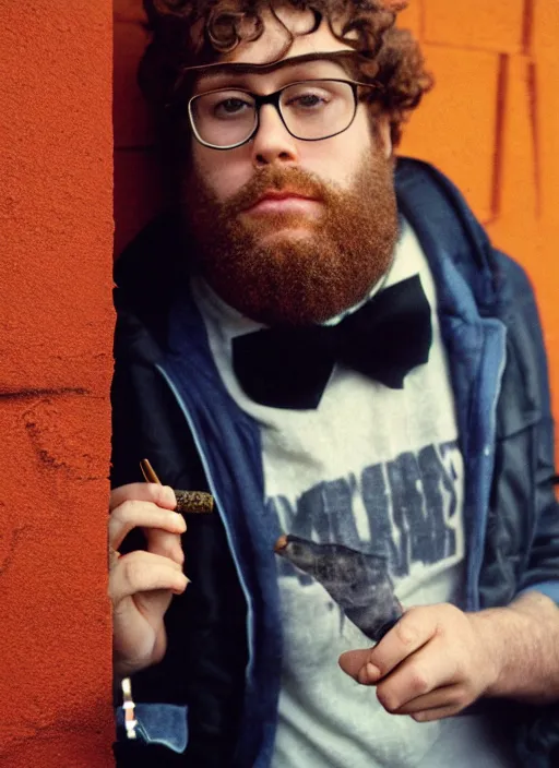 Prompt: photorealistic photograph of seth rogan smoking a joint, 3 5 mm film, fuji, leica s, nyc, in the style of fashion photography, intricate, golden hour sunlight, kodachrome
