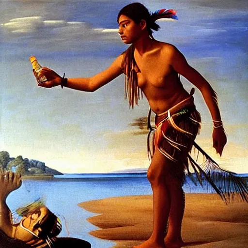 Image similar to beautiful oil matte painting, amazon indigenous tribe leader finding a plastic bottle at the shore, wonderful masterpiece highly detailed, beautiful cinematic light deep focus, elegant, digital painting, smooth, sharp focus, golden ratio, dramatic illumination, ultra realistic, 8 k, art by artemisia lomi gentileschi and caravaggio