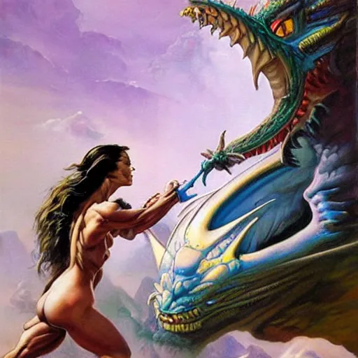 Image similar to woman transforming into a dragon, frank frazetta, boris vallejo, julie bell, fantasy painting, 8 k, hdr, perfect composition, striking color, beautiful artwork