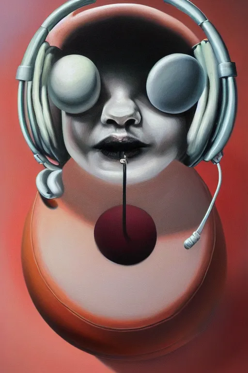 Image similar to hyperrealism surrealism acrylic painting, close - up portrait of bowling ball - with big headphones and a mime sweater, aerosol splashes on paper background, art by jeff soto